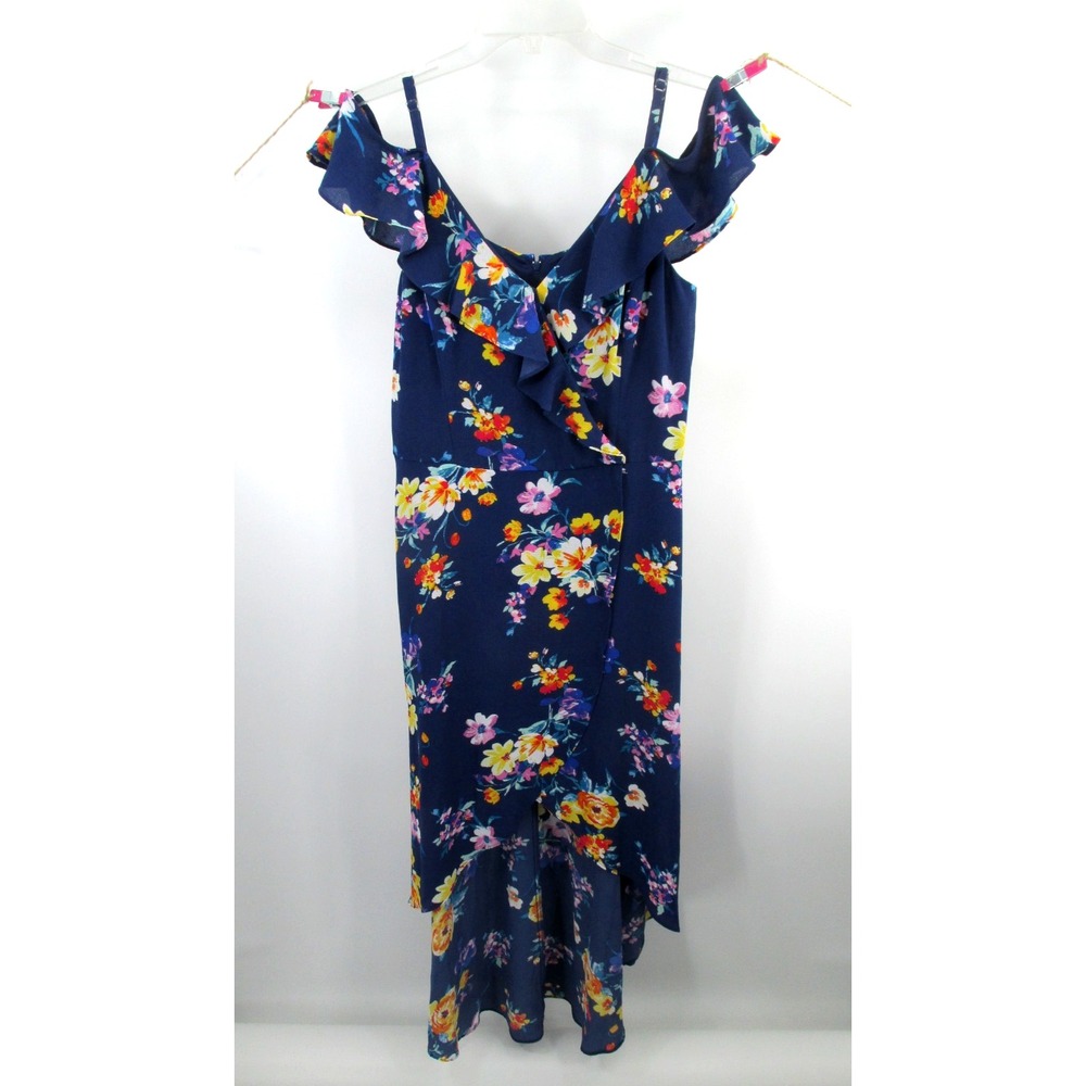 By & By Blue Floral Maxi Faux Wrap Dress Women 15 High-Low Boho Cottagecore